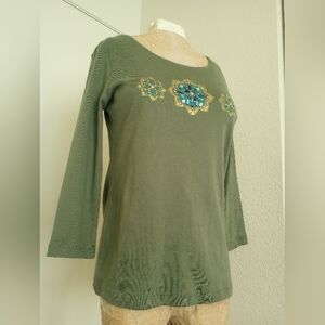 Karen Scott Green Long Sleeve Top with Embellishments